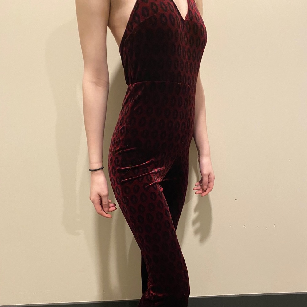 Motel Rocks Burgundy Velvet Jumpsuit